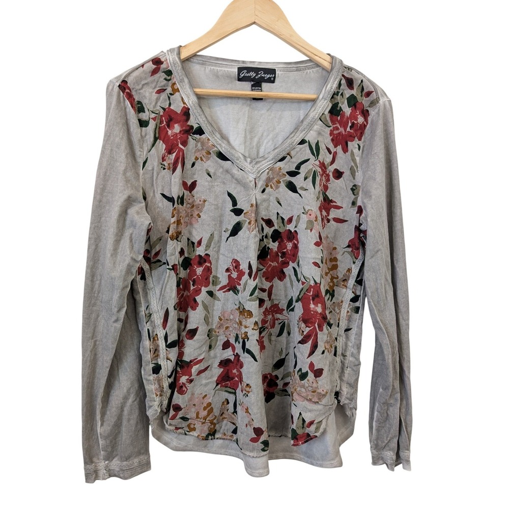 Gretty Zueger Womens Floral V-Neck Long Sleeve Top Gray L Boho Romantic Shabby